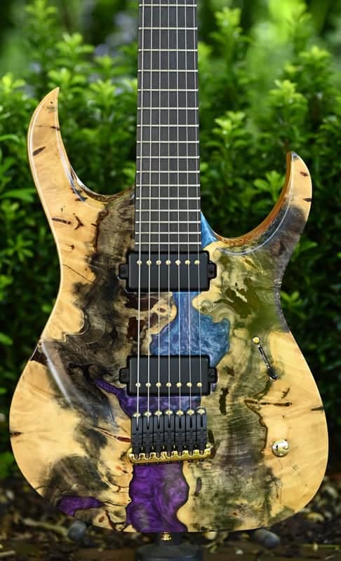 Mayones Duvell Elite 7 Buckeye Burl Master Grade - Purple/Blue Gloss Resin Filled (Pre-Order)